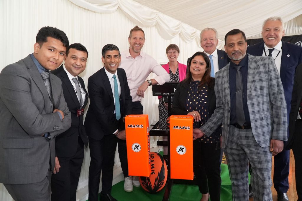 Rugby World Cup France 2023 appoints Aramis Rugby as Official Supporter: (from left) Ryan Mahajan, Ajay Mahajan, Rishi Sunak, Will Greenwood, Selaine Saxby, Roshni Mahajan, Sir Bill Beaumont, Vikas Mahajan, Claude Atcher